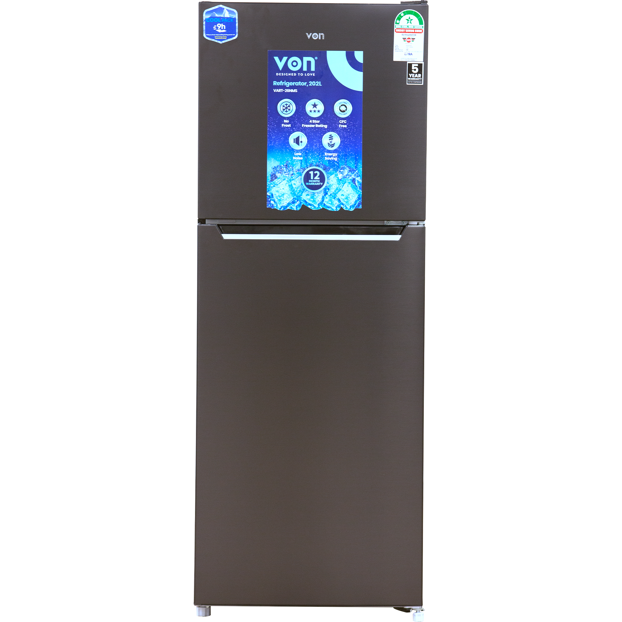 von-vart-26nms-double-door-fridge-202l-silver.png Von VART-26NMS Double Door Fridge, 202L - Silver - Image 1