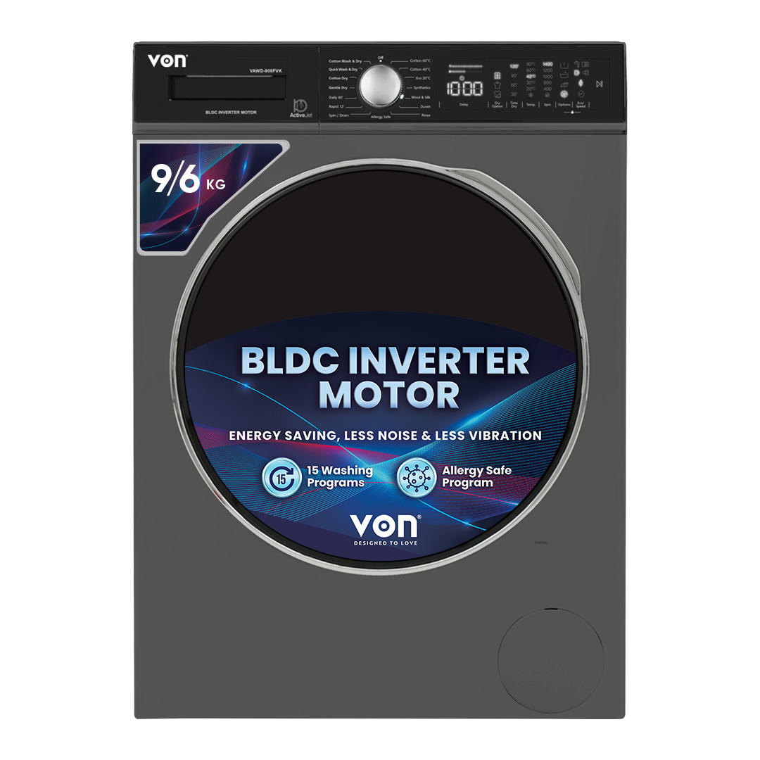 Von VAWD-906FVK Front Load Washer Dryer 9/6 KG - Silver Von VAWD-906FVK Front Load Washer Dryer 9/6 KG - Silver